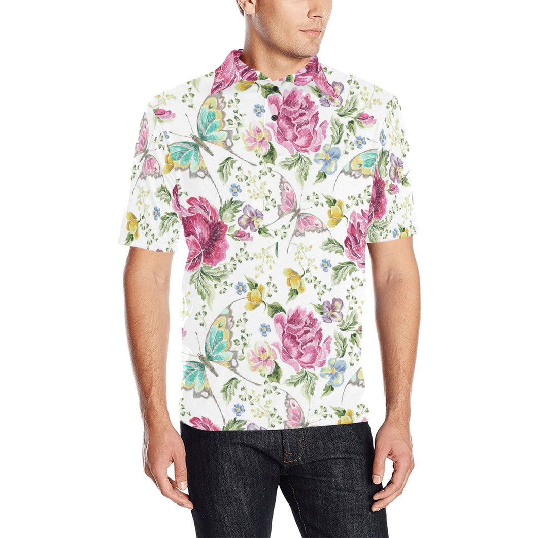 Hand drawn butterfly rose Men's All Over Print Polo Shirt