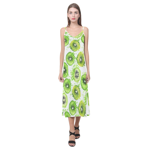Watercolor kiwi pattern V-Neck Open Fork Long Dress