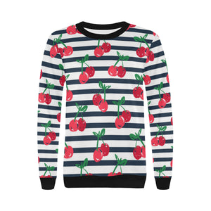 Hand drawn cherry pattern striped background Women's Crew Neck Sweatshirt