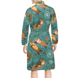 cute brown sea otters ornamental seaweed corals gr Men's Long Sleeve Belted Night Robe