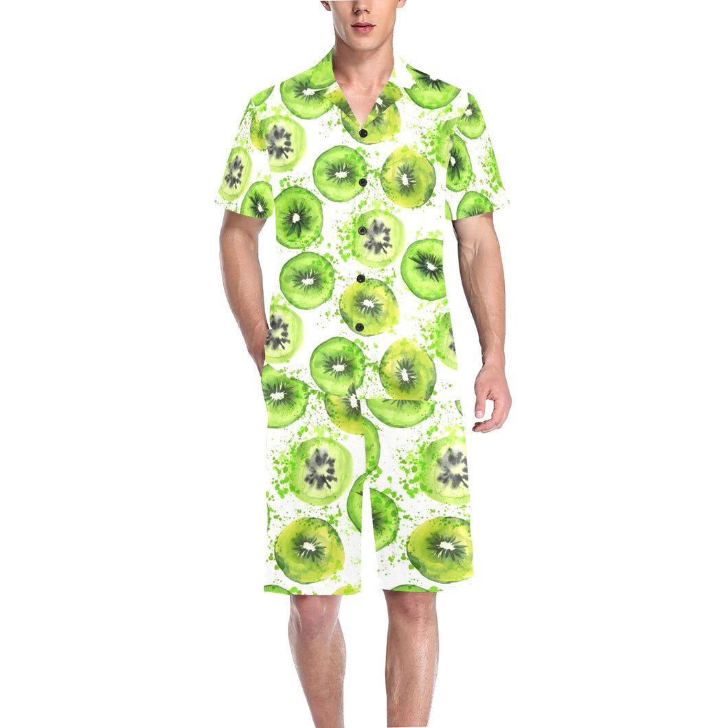 Watercolor kiwi pattern Men's V-Neck Short Pajama Set
