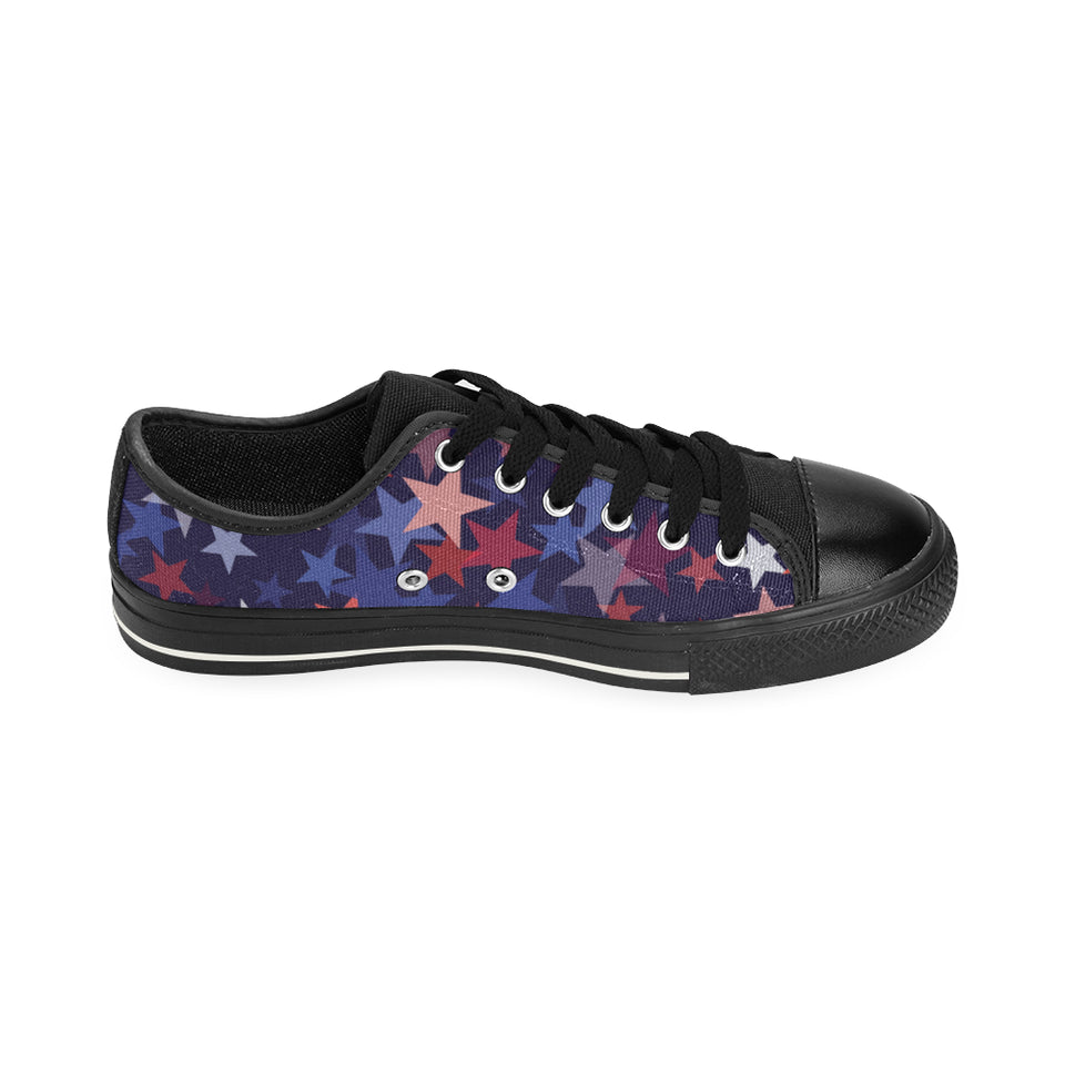 Red blue star pattern Men's Low Top Canvas Shoes Black