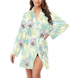 French bulldog hawaii blackground Women's Long Sleeve Belted Night Robe