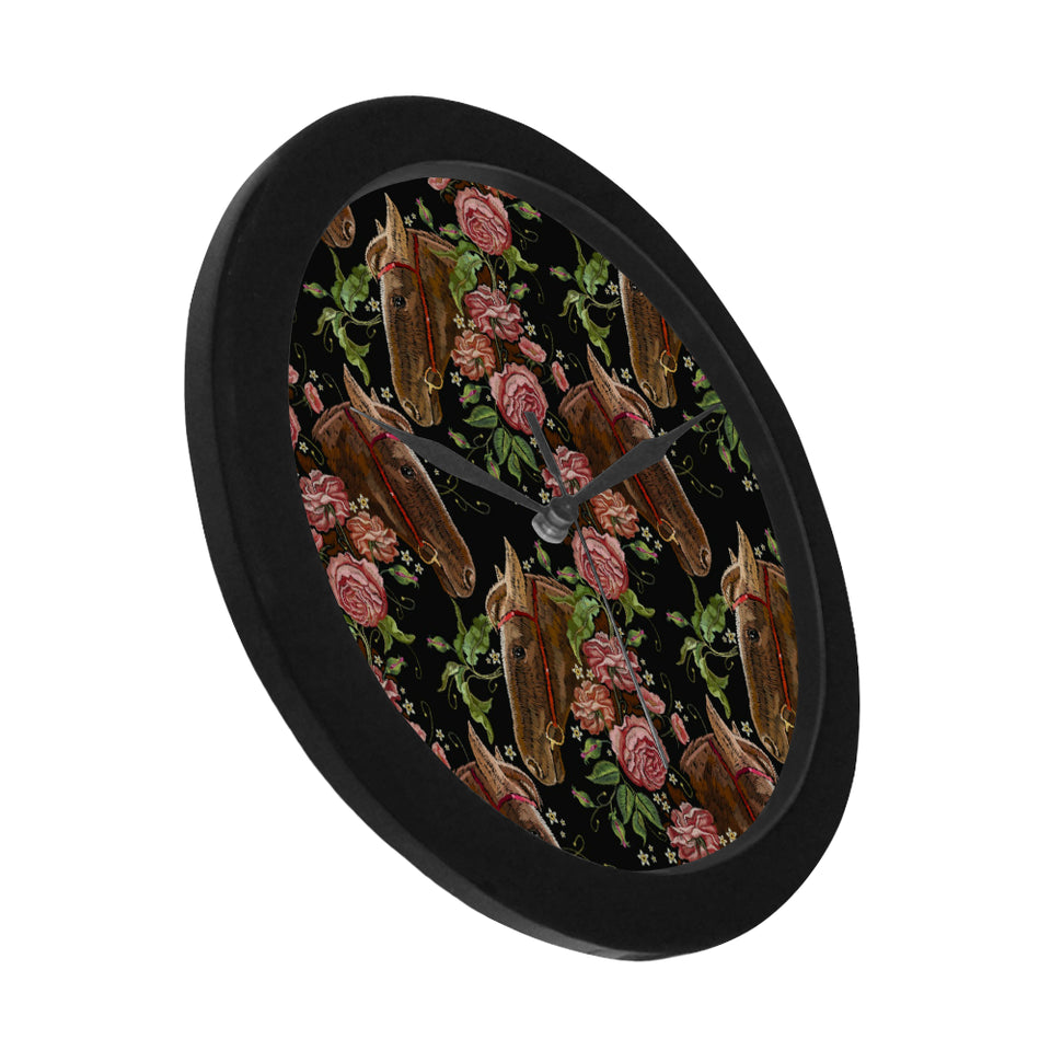 Horse head wild roses pattern Elegant Black Wall Clock