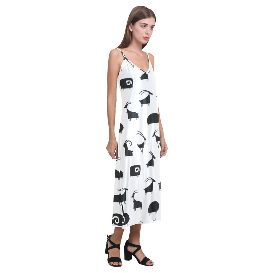 Goat ram pattern V-Neck Open Fork Long Dress