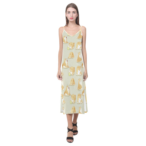 Cute fat shiba inu dog pattern V-Neck Open Fork Long Dress