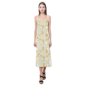 Cute fat shiba inu dog pattern V-Neck Open Fork Long Dress