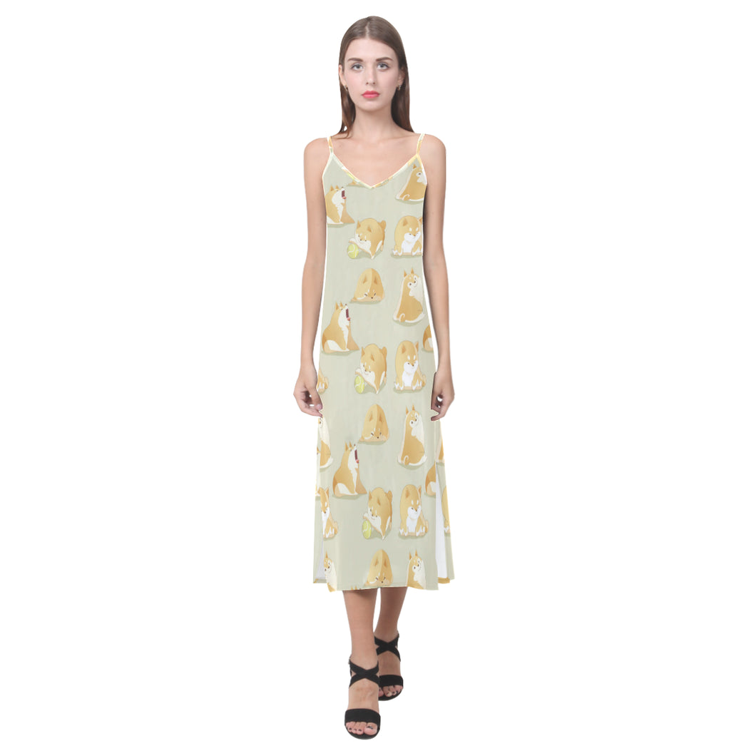 Cute fat shiba inu dog pattern V-Neck Open Fork Long Dress