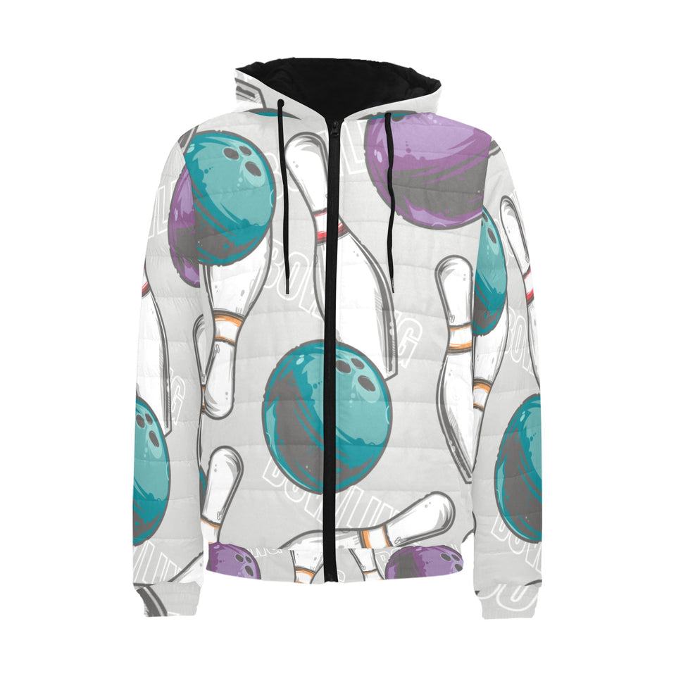 Bowling ball and pin gray background Men's Padded Hooded Jacket