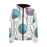 Bowling ball and pin gray background Men's Padded Hooded Jacket