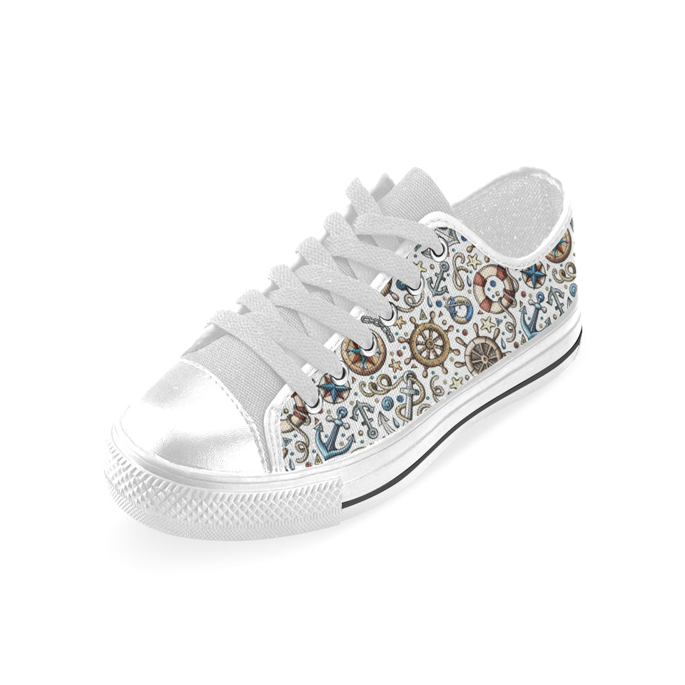 Cute nautical steering wheel anchor pattern Men's Low Top Canvas Shoes White