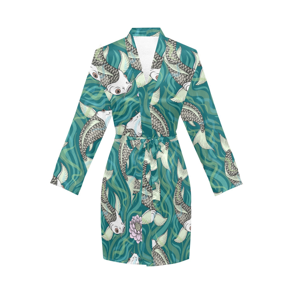 Koi Fish Carp Fish lotus pattern Women's Long Sleeve Belted Night Robe