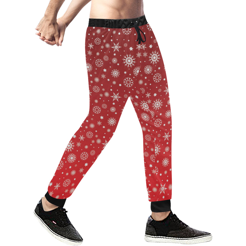 Snowflake pattern red background Unisex Casual Sweatpants