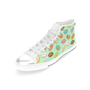 Colorful donut pattern green background Women's High Top Canvas Shoes White