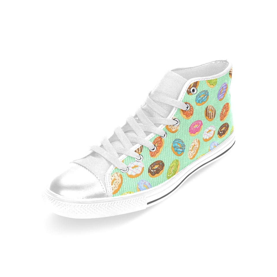 Colorful donut pattern green background Women's High Top Canvas Shoes White