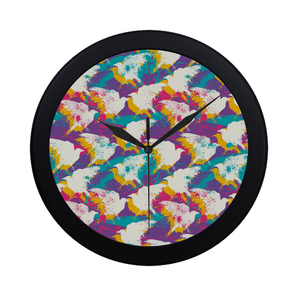 Colorful crow illustration pattern Elegant Black Wall Clock