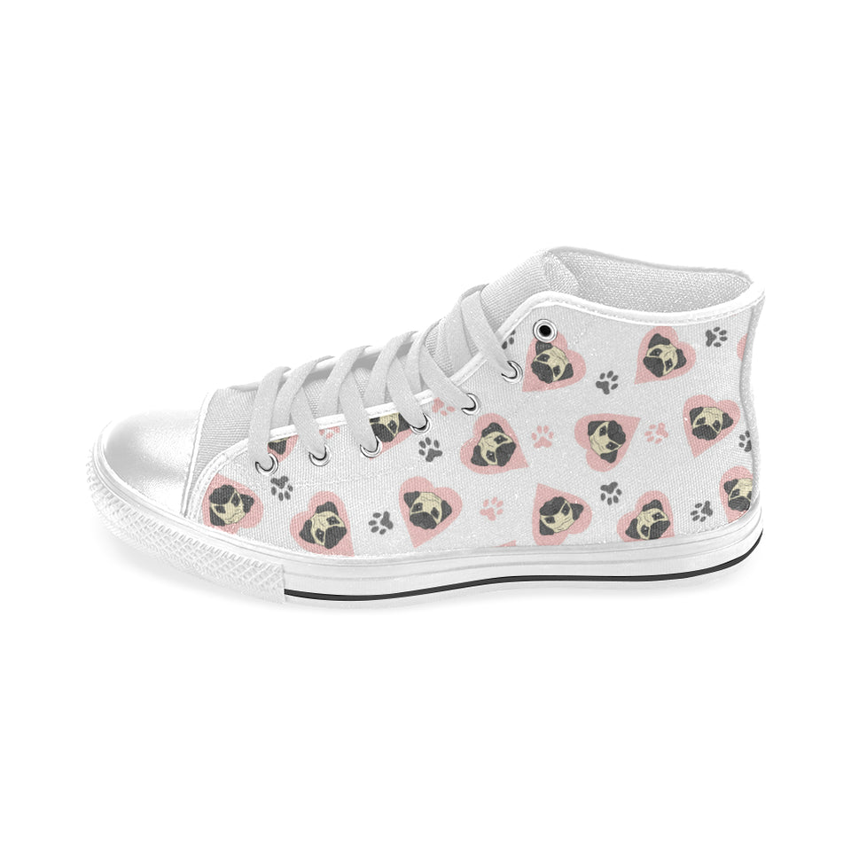 Cute pugs pink heart paw pattern Men's High Top Canvas Shoes White