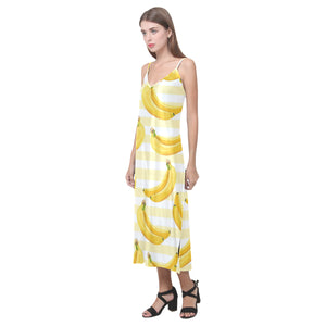 Banana pattern blackground V-Neck Open Fork Long Dress