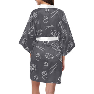 sushi pattern black background Women's Short Kimono Robe