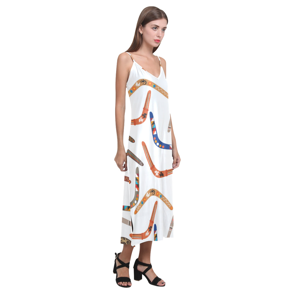 Boomerang Australian aboriginal ornament pattern V-Neck Open Fork Long Dress