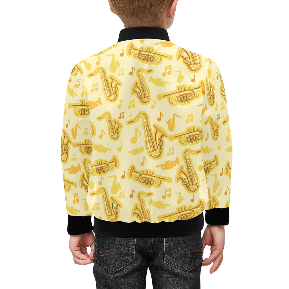 Saxophone cornet pattern yellow background Kids' Boys' Girls' Bomber Jacket