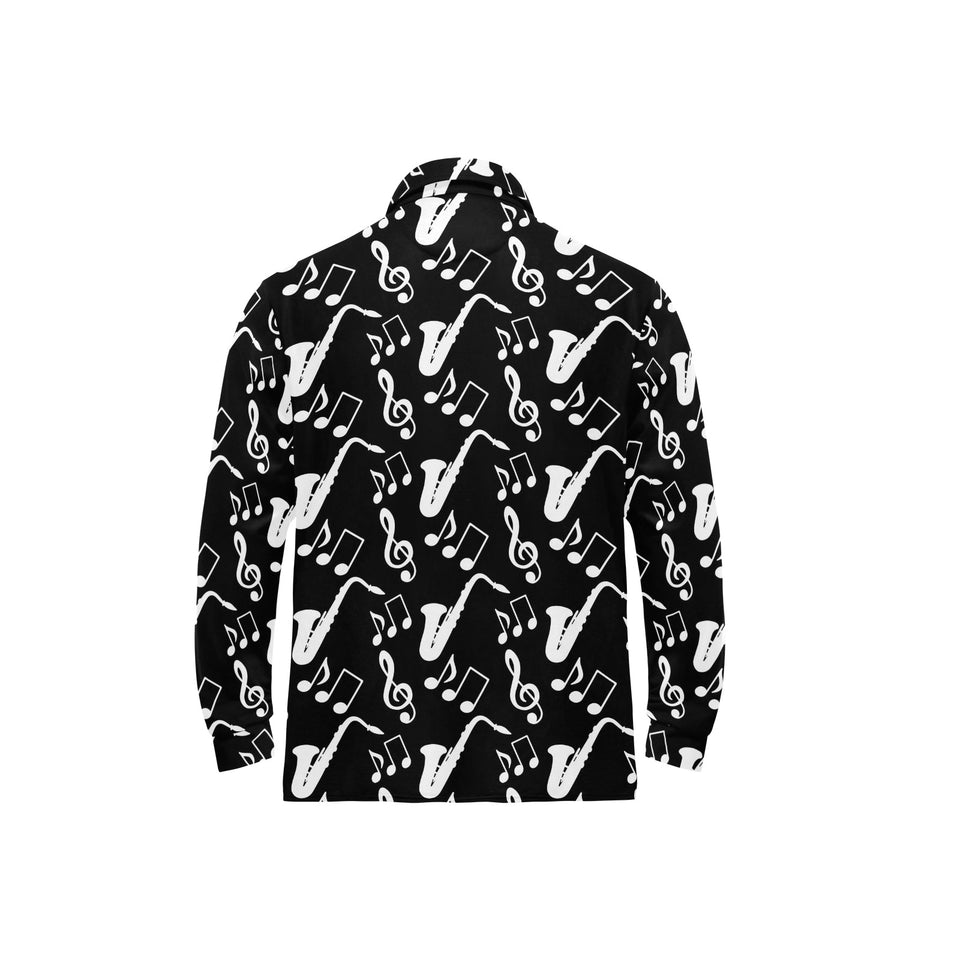 Saxophone music notes treble clef black white them Men's Long Sleeve Polo Shirt