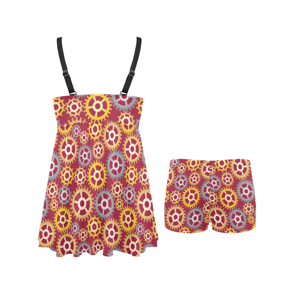 Gear Pattern Print Design 04 Chest Sexy Pleated Two Piece Swim Dress