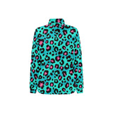 Green leopard skin print pattern Women's Long Sleeve Polo Shirt