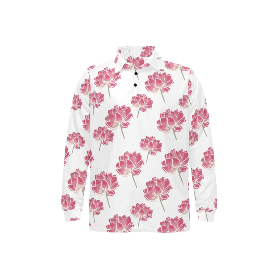 Pink lotus waterlily pattern Men's Long Sleeve Polo Shirt