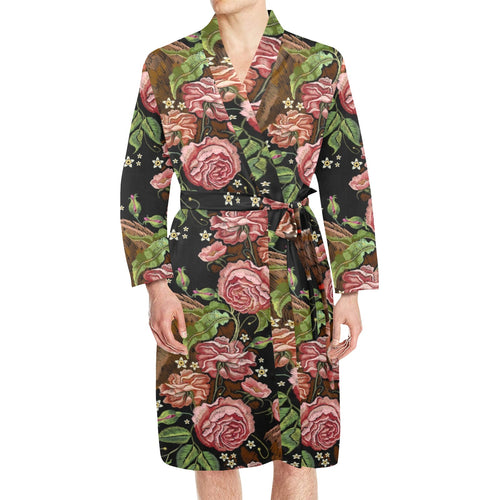 Horse head wild roses pattern Men's Long Sleeve Belted Night Robe