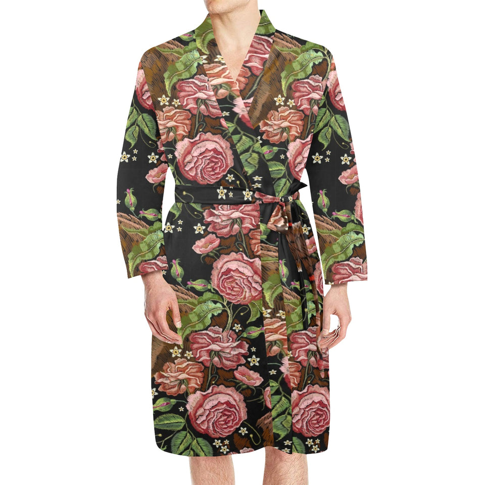 Horse head wild roses pattern Men's Long Sleeve Belted Night Robe