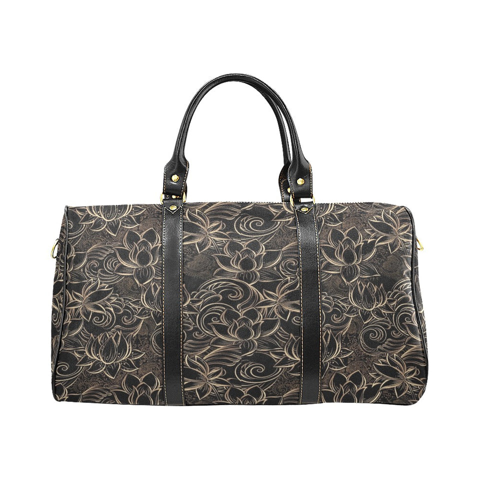 luxurious gold lotus waterlily black background Travel Bag