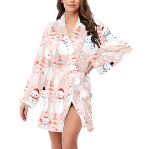 Cute snowman christmas tree snowpink background Women's Long Sleeve Belted Night Robe