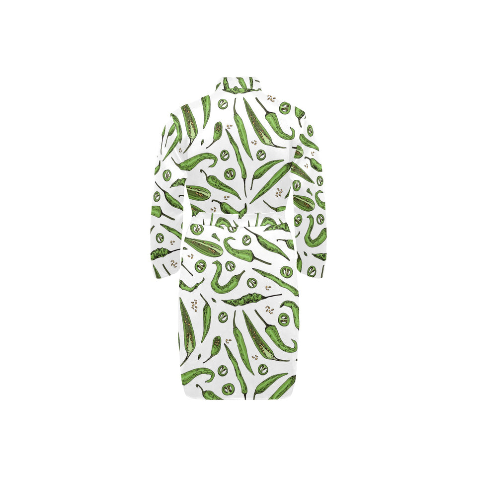 Hand drawn sketch style green Chili peppers patter Men's Long Sleeve Belted Night Robe