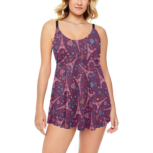 Eiffel Tower Heart Pattern Print Design 04 Chest Sexy Pleated Two Piece Swim Dress