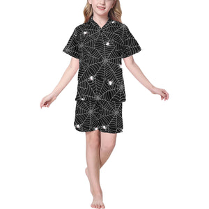 Spider web design pattern Black background white c Kids' Boys' Girls' V-Neck Short Pajama Set