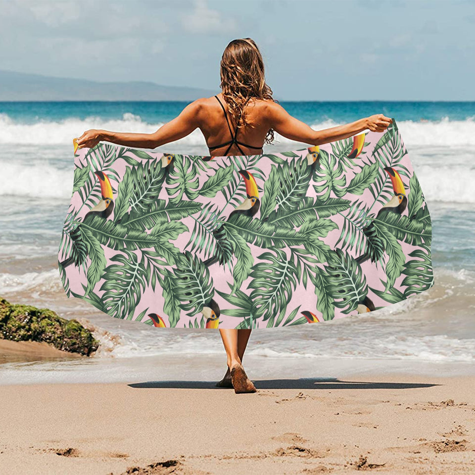 Toucan tropical green jungle palm pattern Beach Towel
