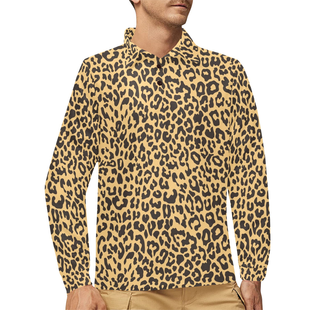 Leopard skin print Men's Long Sleeve Polo Shirt