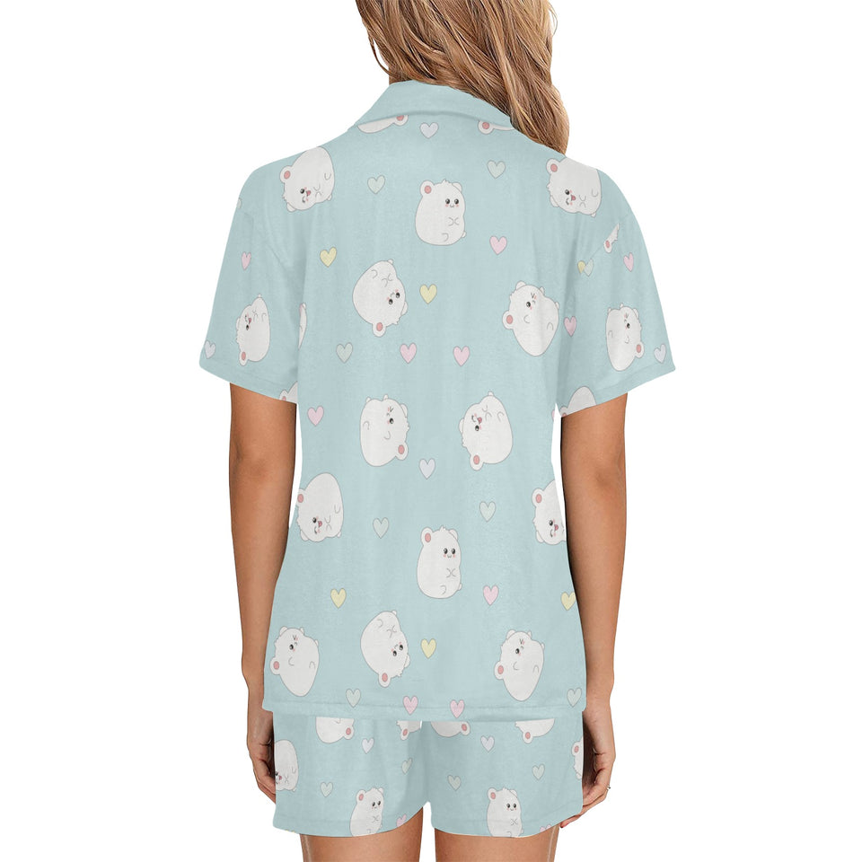 White cute hamsters heart pattern Women's V-Neck Short Pajama Set