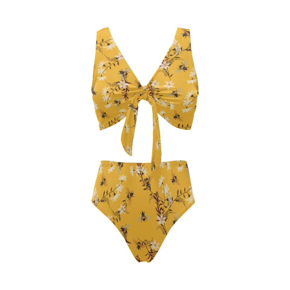 Bee flower pattern Chest Bowknot High Waisted Bikini Swimsuit