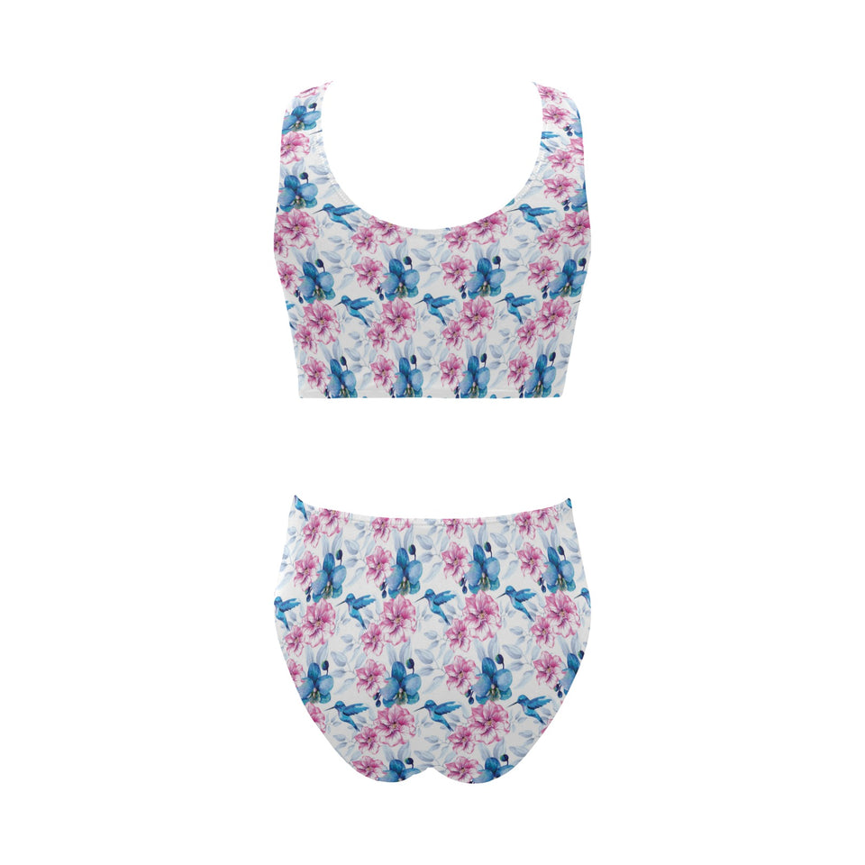 Hummingbird Pattern Print Design 02 Chest Bowknot High Waisted Bikini Swimsuit
