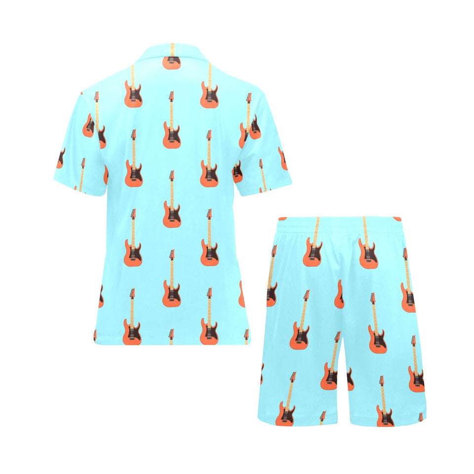 electric guitar pattern light blue background Men's V-Neck Short Pajama Set