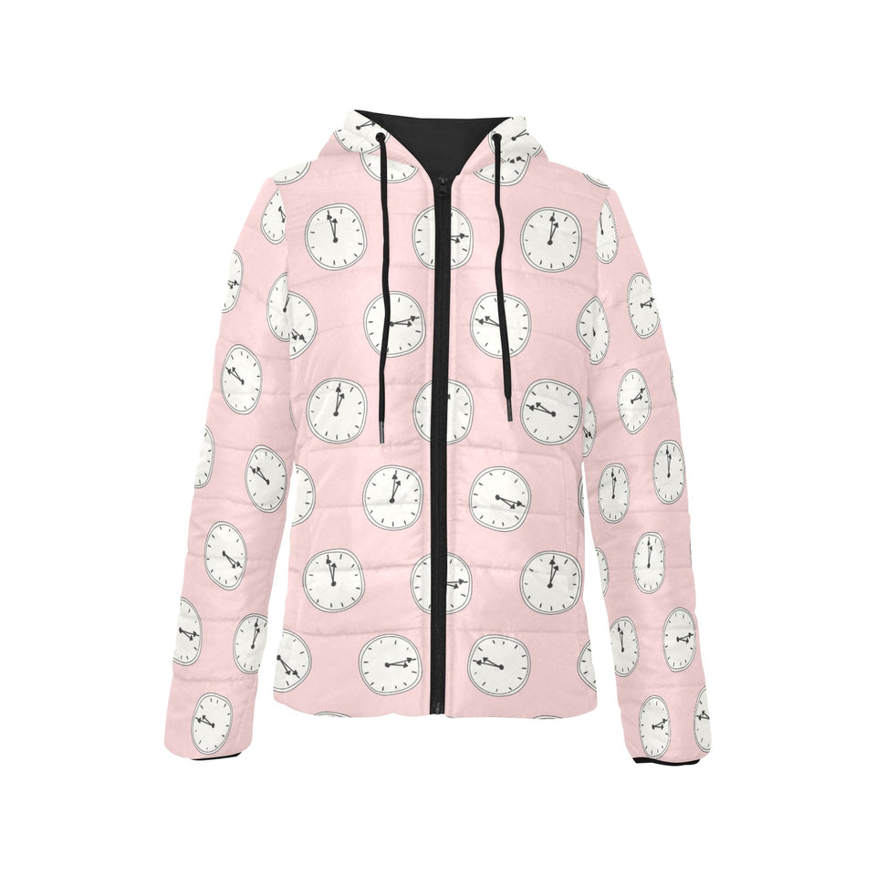 Clock pattern pink blackground Women's Padded Hooded Jacket