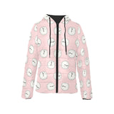 Clock pattern pink blackground Women's Padded Hooded Jacket