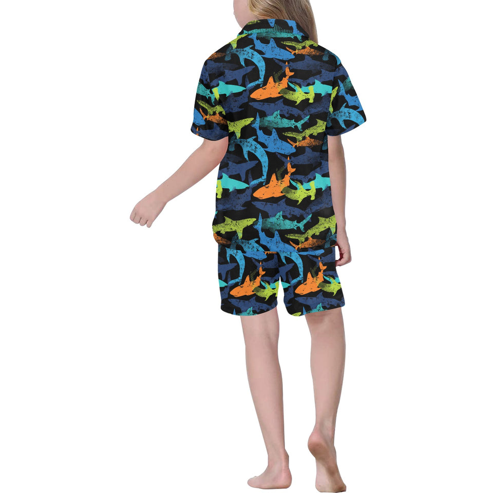 Colorful shark Kids' Boys' Girls' V-Neck Short Pajama Set