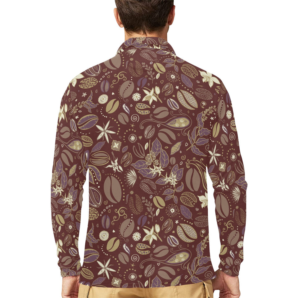 Coffee bean flower pattern Men's Long Sleeve Polo Shirt