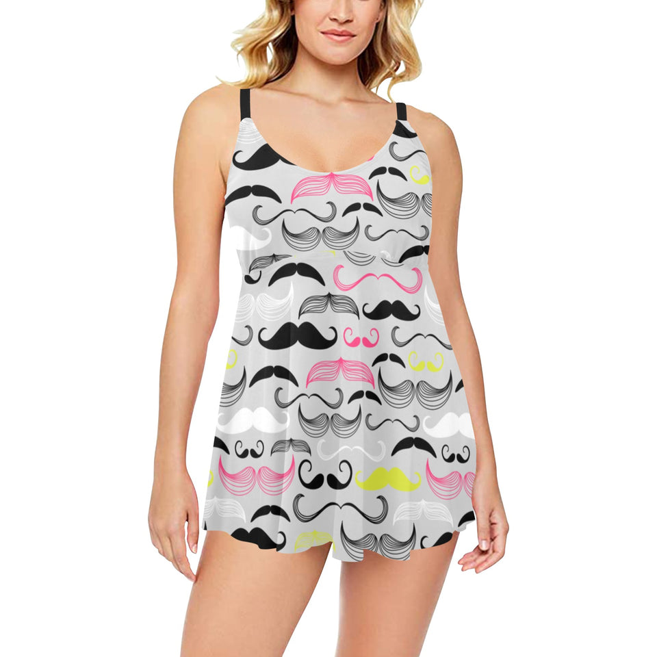 Mustache Beard Pattern Print Design 02 Chest Sexy Pleated Two Piece Swim Dress