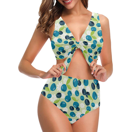 blueberry flower pattern Chest Bowknot High Waisted Bikini Swimsuit