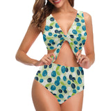 blueberry flower pattern Chest Bowknot High Waisted Bikini Swimsuit
