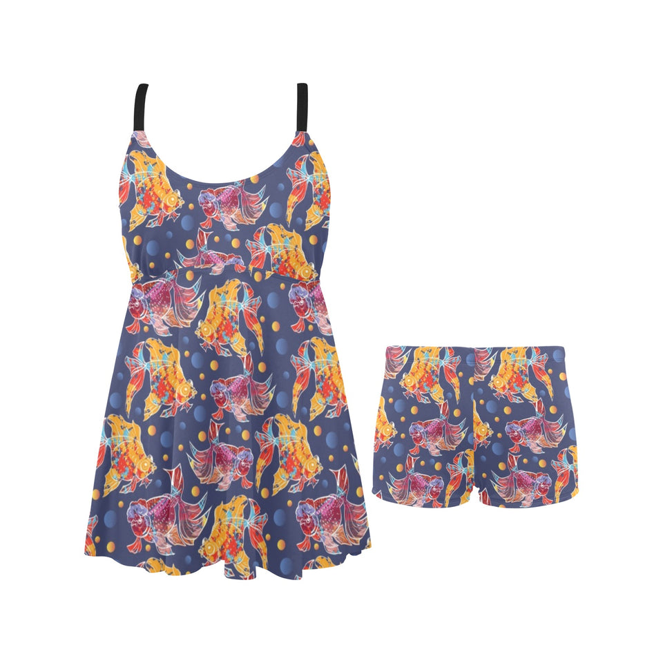 Goldfish Pattern Print Design 05 Chest Sexy Pleated Two Piece Swim Dress